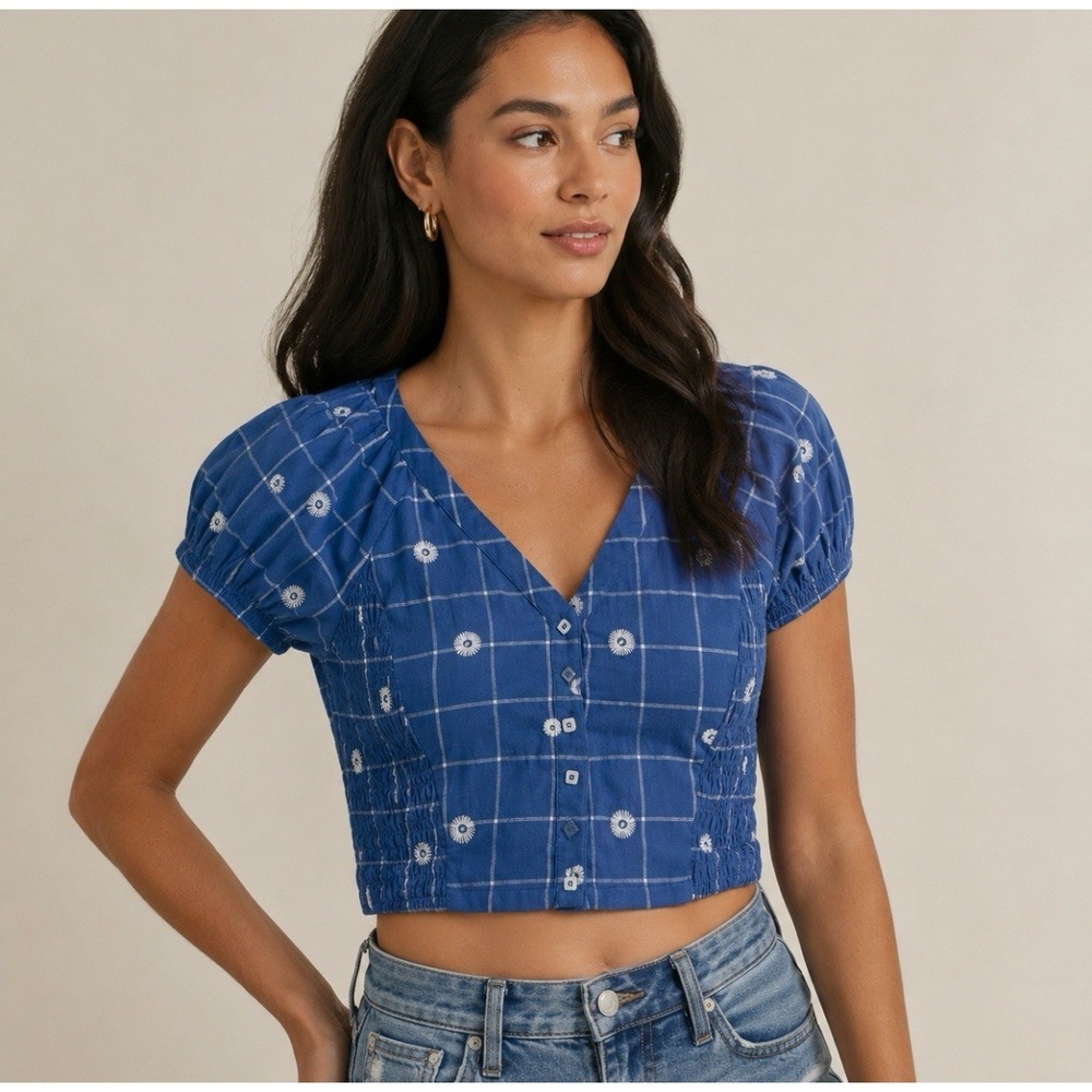Madewell 12 Large Cotton Embroidered Puff Sleeve Crop Top Cottagecore Festival